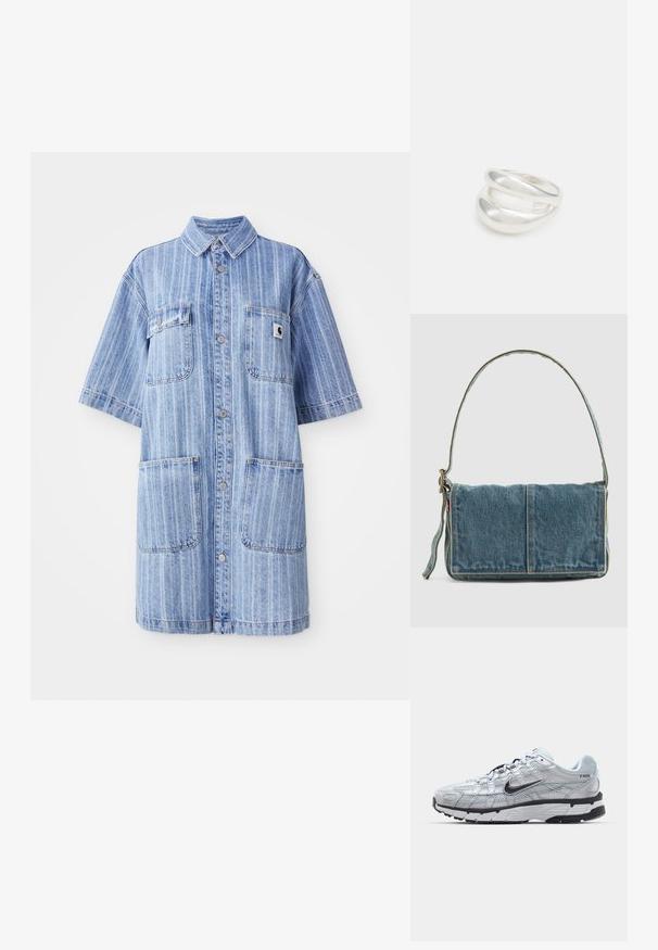 Vestido de camisa de denim en azul claro con rayas verticales, mangas cortas, dos bolsillos en el pecho y un pequeño parche con el logo. Cierre de botones en la parte delantera.; Zapatillas Nike P-6000 con parte superior de malla gris claro, acentos negros y suela de goma negra duradera. Presentan un diseño intrincado y un sistema de cordones.; Bolso de hombro de denim con un diseño plegable, color azul claro, costuras visibles, correa ajustable y un acento de etiqueta lateral.; Anillo de plata de doble banda con una superficie lisa y pulida. Presenta un diseño fluido y curvado con secciones superpuestas para un aspecto moderno.