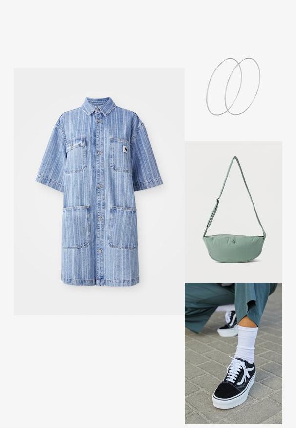 Robe chemise en denim bleu clair avec des rayures verticales, manches courtes, deux poches poitrine et un petit patch logo. Fermeture par boutons à l'avant.; Baskets en suède noir avec des accents et des lacets blancs, présentant une épaisse semelle blanche et des coutures contrastantes, associées à une chaussette blanche.; Sac bandoulière en tissu vert clair avec sangle réglable et petit logo métallique à l'avant, présenté sur un fond blanc uni.; Boucles d'oreilles en argent au design minimaliste. Forme circulaire, texture lisse et profil fin. Légères avec une finition polie.