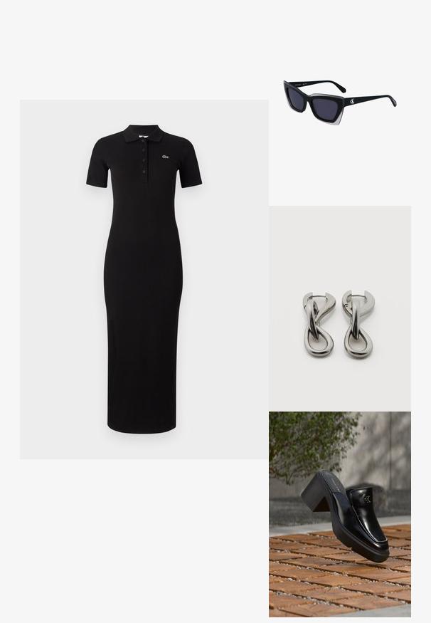 Robe polo noire à manches courtes, avec texture côtelée et patte de boutonnage. Présente un petit logo vert sur la zone gauche de la poitrine.; Mule slip-on en cuir noir Calvin Klein avec talon bloc reposant sur des carreaux en bois à l'extérieur près d'une plante verte et d'un mur gris.; Lunettes de soleil noires surdimensionnées avec une forme géométrique, dotées de verres foncés et d'un détail gris contrastant sur la monture. Logo sur la branche.; Paire de boucles d'oreilles en métal argenté avec un motif abstrait d'anneaux entrelacés sur fond blanc.