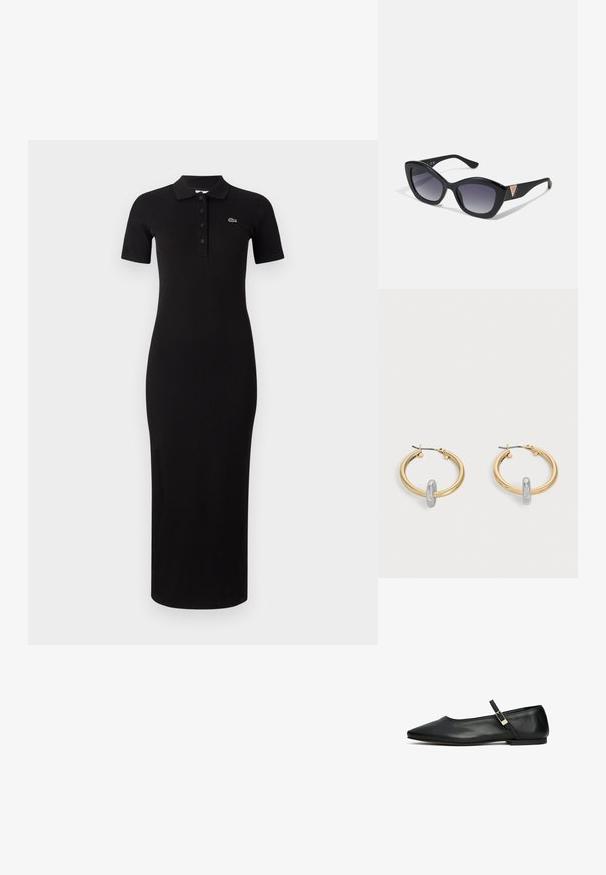 Vestido polo negro de midi con mangas cortas, textura acanalada y tapeta de botones. Presenta un pequeño logotipo verde en la zona del pecho izquierdo.; Zapato plano de Mary Jane de cuero negro con punta afilada y tira delgada ajustable con hebilla dorada, mostrado en perfil lateral sobre fondo blanco.; Guess Gafas de sol - shiny black; Par de pendientes de aro en tono dorado con pequeño detalle de aro en tono plateado en cada uno, expuestos sobre un fondo gris claro.