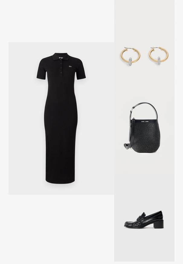 Zwart midi pol dresses met korte mouwen, geribbelde textuur en knoopsluiting. Kenmerkt zich door een klein groen logo op de linkerkant van de borst.; Zwarte lederen loafers met een rimpelvoorkant, ronde neuzen en een blokhak. Heeft een decoratieve band en stiksel details langs de randen.; Zwarte geweven handtas met afgeronde bodem, leren afwerking, verstelbare schouderriem en Samsøe Samsøe merklogo op de bovenste band.; Paar goudkleurige creolen met kleine zilverkleurige lusdetail op elk, weergegeven tegen een lichtgrijze achtergrond.