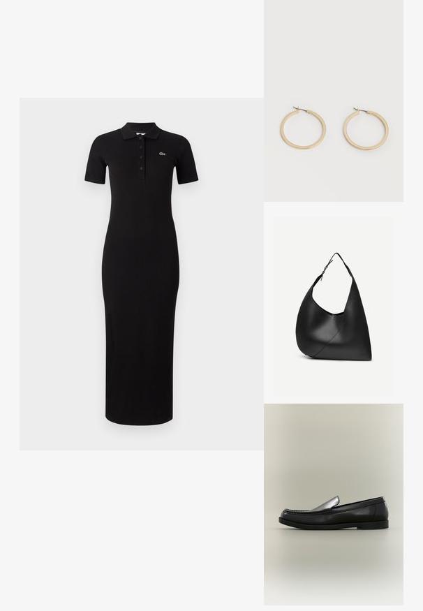 Robe polo noire à manches courtes, avec texture côtelée et patte de boutonnage. Présente un petit logo vert sur la zone gauche de la poitrine.; Mocassin en cuir noir avec couture moc toe, petit talon et design à enfiler sur fond neutre.; Sac à épaule en cuir noir avec forme triangulaire incurvée, une seule sangle ajustable, et une couture diagonale visible à l'avant.; Paire de boucles d'oreilles créoles moyennes lisses ton or avec fermoirs à charnière sur fond clair uni.