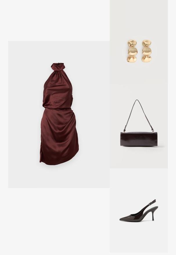 Bordeaux satin halterneck kjole med en samlet halsudskæring, tætsiddende liv og draperet nederdel med en sideslids. Glat tekstur.; Slingback højhælet sko i glat mørkebrun patenteret læder, spids tå, åbne sider og justerbar ankelrem.; Rektangulær sort læderhåndtaske med en enkelt lang rem og blank finish, vist mod en ensfarvet hvid baggrund.; Øreringe i guldfarve med dråbeform og tre uregelmæssige, glatte, afrundede segmenter stablet lodret på en enkelt lys baggrund.