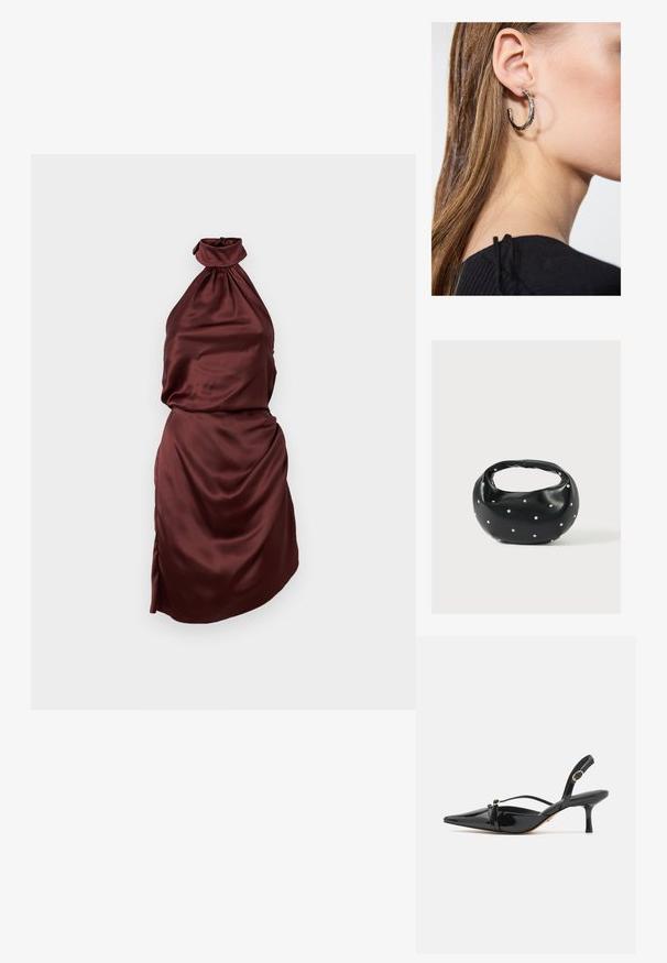 Bordeaux satin halterneck kjole med en samlet halsudskæring, tætsiddende liv og draperet nederdel med en sideslids. Glat tekstur.; ALDO MARIETTA PILLOW WALK - Pumps - black; Sort læderhåndtaske med en rundet form, dekoreret med sølvnitter, og et kort håndtag. Glat tekstur og lynlåslukning.; Sølv hoop ørestik med en poleret overflade, prydet med små guld accenter og en rund form, båret på øreflippen.