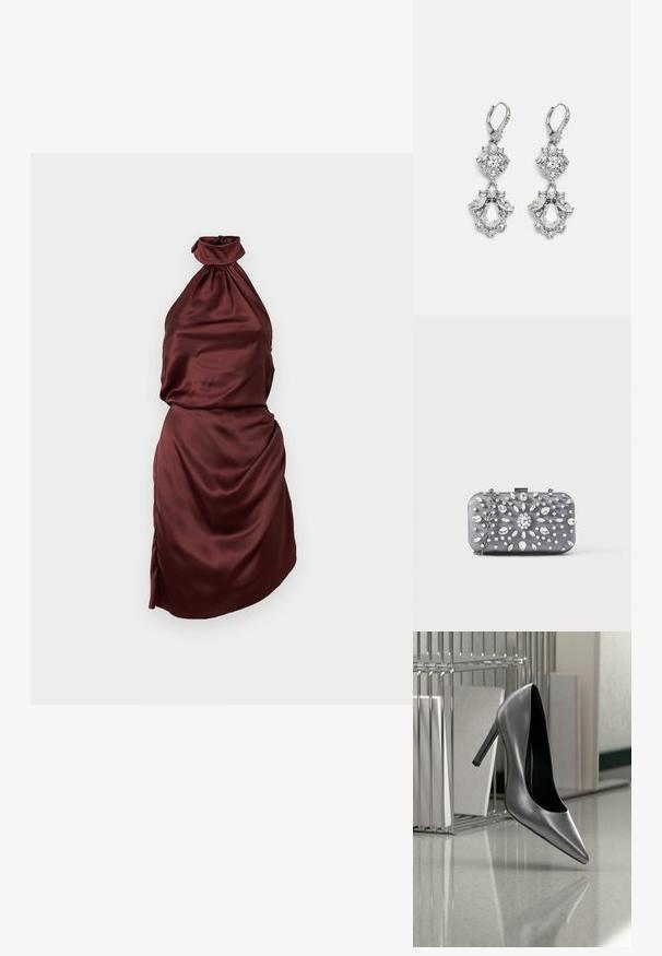 Burgunderfarbener Satin-Halter-Neck-Kleid mit gerafft ausgeschnittenem Hals, tailliertem Oberteil und drapiertem Rock, der einen seitlichen Schlitz aufweist. Glatte Textur.; Schwarzer Highheel-Schuh, der in der Luft schwebt vor einem Metallmappe-Organizer mit Ordnern auf einer polierten Oberfläche.; Kleine rechteckige dunkelgraue Clutch, verziert mit klaren Strasssteinen in einem strahlenförmigen Muster und einem silbernen Kettenriemen.; Silberfarbene Ohrringe mit mehreren klaren Kristallgemmen in Tropfen- und Marquiseformen, mit Klappverschluss und kunstvollen Details.