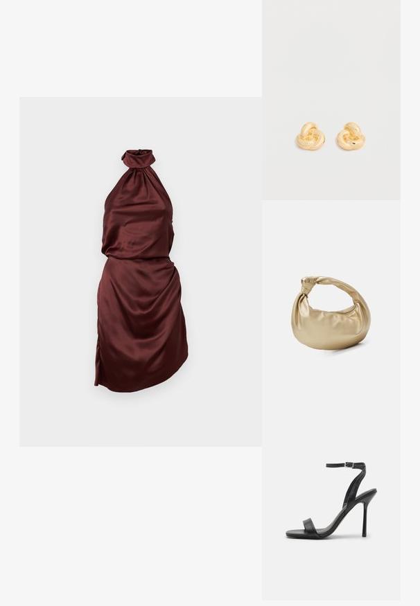 Robe bordeaux en satin à col halter, avec un encolure froncée, un corsage ajusté et une jupe drapée, dotée d'une fente sur le côté. Texture lisse.; Sandale à talons hauts noire avec une fine sangle au niveau de la cheville et deux bandes à l'avant. Fabriquée en cuir lisse avec un bout pointu élégant et un talon aiguille.; Sac à main en métal doré avec une texture lisse et brillante. Il possède une anse nouée et une forme arrondie et douce. Fermeture zippée sur le dessus.; Paire de clous d'oreilles en forme de nœud, couleur or brillant, sur un fond blanc uni.