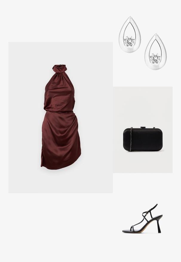 Bordeaux satin halterneck kjole med en samlet halsudskæring, tætsiddende liv og draperet nederdel med en sideslids. Glat tekstur.; Sort højhælet sandal med tynde remme, spænde og en udvidet hæl på hvid baggrund.; Sort rektangulær clutch lavet af glat materiale. Har en aftagelig kædestropp og en metallisk clasp på toppen. Enkel design med afrundede kanter.; Sølv dråbeøreringe med en klar, rund krystal i midten, med en poleret overflade og åbent design.
