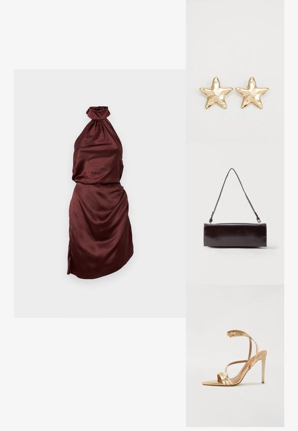 Bourgondische satijnen halterjurk met een gathered decolleté, aansluitende corsage en draperen rok, voorzien van een zijschuif. Gladde textuur.; Even&Odd Sandalen - gold; Rechthoekige zwarte leren handtas met een enkele lange schouderband en een glanzende afwerking, weergegeven tegen een effen witte achtergrond.; Gouden stervormige oorbellen met een gladde, glanzende afwerking en een driedimensionaal ontwerp, met vijf punten en een licht gebogen textuur.