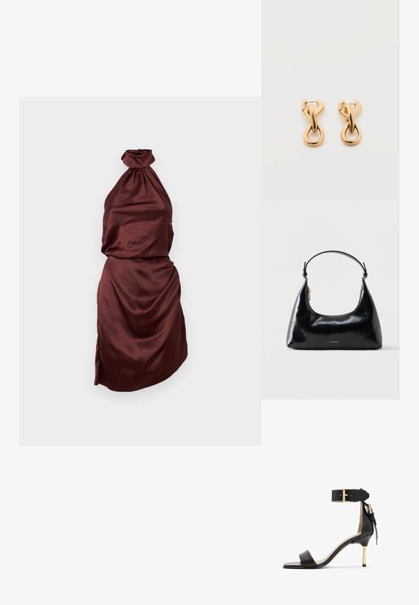 Bordeaux satin halterneck kjole med en samlet halsudskæring, tætsiddende liv og draperet nederdel med en sideslids. Glat tekstur.; Sort læder hæl sandal med firkantet tå, ankelrem med en guldbuckle og en slank metallisk hæl. Glat tekstur, minimalistisk design.; Sort blank Calvin Klein håndtaske med gyldent lynlås og kort rem mod en ensfarvet hvid baggrund.; Par af skinnende guldfarvede hoop-øreringe med snoet, flettet design på en enkel hvid baggrund.