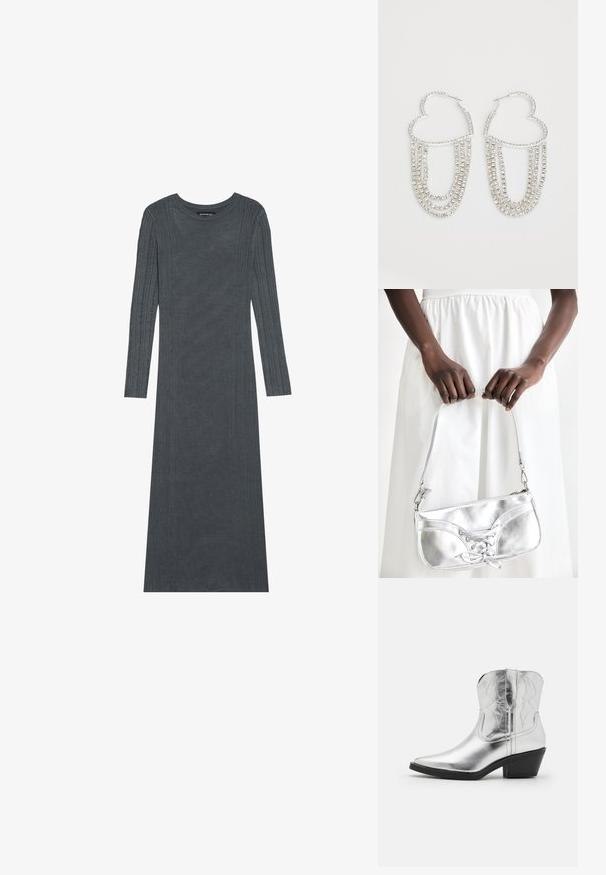 Vestido de manga larga de color gris oscuro hecho de un suave material de punto. Presenta rayas verticales texturizadas a lo largo de las mangas y el cuerpo. Cuello redondo.; Botas de vaquero de cuero plateado con puntera afilada, detalles bordados en el eje y un tacón negro moderado. Superficie lisa y brillante.; Bolso metálico plateado con detalle de cordones, que presenta un diseño elegante y una correa corta. El bolso está sostenido con las manos, mostrando su textura.; Pendientes de aro plateados en forma de corazón, con hebras en cascada de strass transparentes que aportan un brillo y textura adicionales.