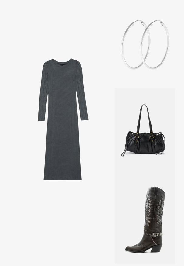 Vestido de manga larga de color gris oscuro hecho de un suave material de punto. Presenta rayas verticales texturizadas a lo largo de las mangas y el cuerpo. Cuello redondo.; Bota cowboy de cuero negro con recortes decorativos, hebilla plateada y tacón inclinado, presentada sobre fondo blanco.; Bolso de mano de cuero negro con forma redondeada, asas dobles, acentos de hardware decorativo y detalles de lazo en los laterales. Textura lisa y brillante.; Pendientes de aro en tono plateado con forma redonda y un acabado pulido. Ambos pendientes son del mismo tamaño y cuentan con un mecanismo de cierre seguro.