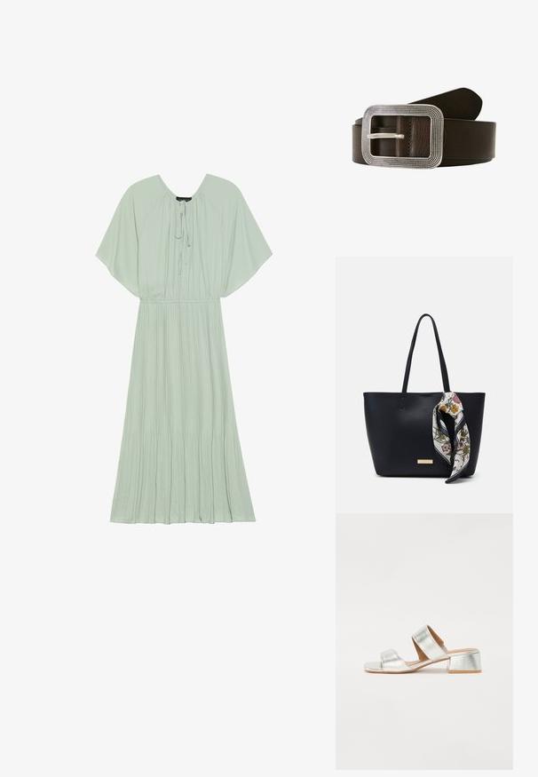 Mintgrünes Maxikleid mit kurzen, weiten Ärmeln, einem Kordelzug-Halsausschnitt und einem plissierten Rockdesign. Weicher Stoff mit einer fließenden Silhouette.; Silberne Sandalen mit Blockabsatz und zwei überkreuzten Riemen. Glatte, metallische Oberfläche und schlichtes Design. Offene Zehenpartie mit niedrigem, quadratischem Absatz.; Schwarze Leder-Umhängetasche mit zwei Schulterriemen, versehen mit einem floralen Seidenschal, der am Griff gebunden ist, sowie einem metallischen Logoakzent auf der Vorderseite.; Brauner Leder Gürtel mit einer rechteckigen silberfarbenen Schnalle, die eine strukturierte Kante und einen einzelnen Riegel zum Verschließen aufweist.