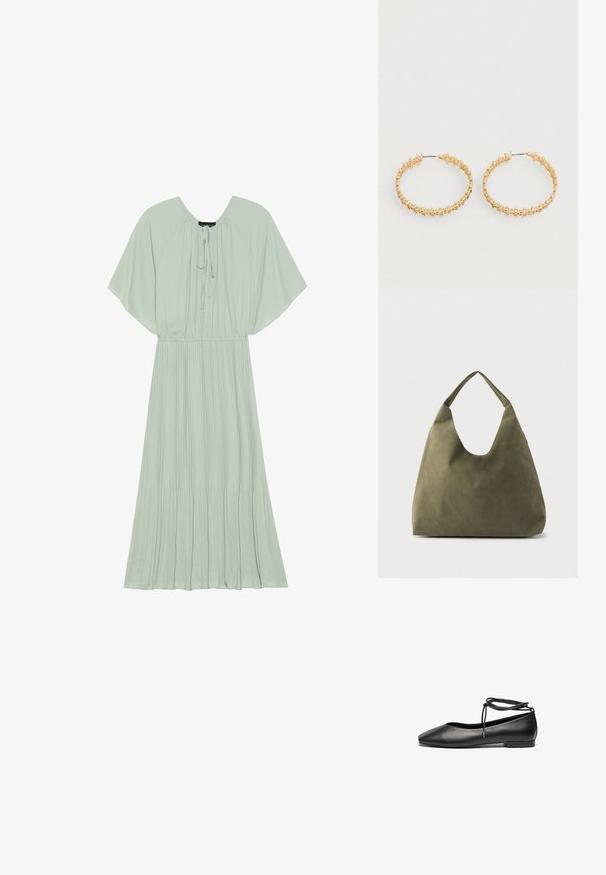Mintgrünes Maxikleid mit kurzen, weiten Ärmeln, einem Kordelzug-Halsausschnitt und einem plissierten Rockdesign. Weicher Stoff mit einer fließenden Silhouette.; Schwarze Leder-Ballerinas mit spitzem Zehenbereich, flachem Absatz und einer gewickelten Schnürung am Knöchel. Glatte Oberfläche, minimalistisches Design.; Weiche Schultertasche aus olivgrünem Leder mit einem breiten, einzelnen Träger und einer entspannten, unstrukturierten Form auf hellem Hintergrund.; Goldene Creolen mit einem strukturierten Design und kleinen, runden Perlen entlang der äußeren Kante. Leicht und mit sicherem Verschluss.