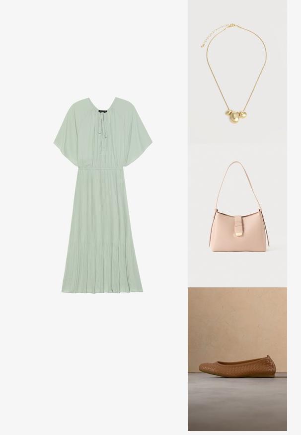 Vestido maxi verde menta con mangas cortas y anchas, un escote con cordón y un diseño de falda plisada. Tela suave con una silueta fluida.; Bailarina marrón de cuero trenzado con puntera redondeada, suela lisa y acabado texturizado, sobre un fondo de color claro.; Bolso de mano rosa claro con una forma curva, hecho de material texturizado. Cuenta con una correa plana y un detalle de cierre en tono dorado en el frente.; Collar tono oro con tres colgantes irregulares, lisos y con forma de guijarro, en una cadena delgada con cierre ajustable.