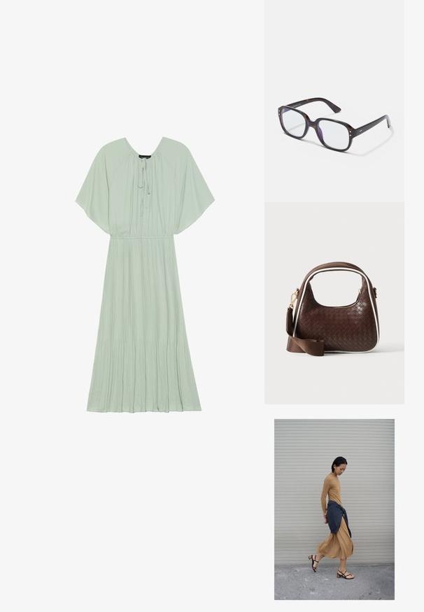 Vestido maxi verde menta con mangas cortas y anchas, un escote con cordón y un diseño de falda plisada. Tela suave con una silueta fluida.; Mujer caminando con un vestido largo color topo y sandalias negras, con un suéter oscuro atado alrededor de la cintura, frente a una persiana cerrada.; Gafas rectangulares de carey con lentes transparentes, que presentan montura gruesa, detalles dorados y un diseño elegante.; Bolso de mano de piel trenzada marrón con ribete blanco, cremallera dorada y correa de hombro de tela marrón desmontable.