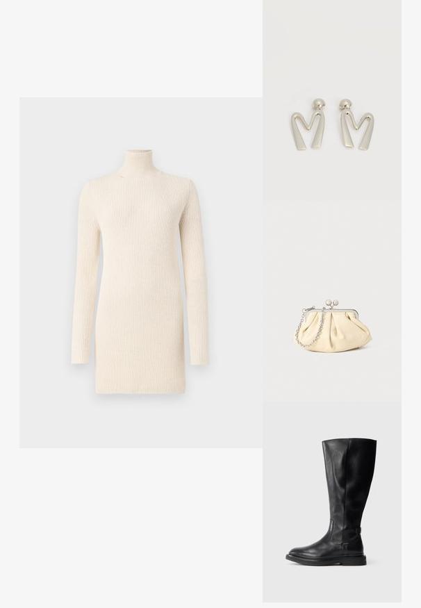 Vestido crema de cuello alto hecho de tejido de punto acanalado. Presenta mangas largas y una forma ajustada, proporcionando una apariencia suave y texturizada.; Bota de cuero negro hasta la rodilla con punta redondeada, parte superior ligeramente texturizada y suela de goma. Presenta un panel lateral para facilitar el calzado.; Clutch de cuero beige plisado con un marco de metal plateado, que cuenta con dos broches decorativos redondos y una correa de cadena plateada.; Par de pendientes de metal plateado con forma de letra M angular y postes redondeados sobre un fondo blanco.