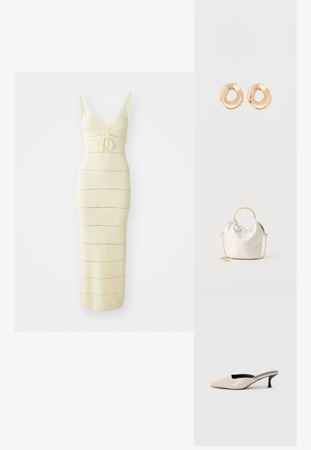 Strick-Midikleid in hellem Creme mit tailliertem Schnitt, V-Ausschnitt, verstellbarem Bindeband in der Taille und horizontalen Streifenmustern.; Beige patentleder Slingback-Absatzschuhe mit spitzer Zehenpartie und niedrigem schwarzen Absatz. Glatte Textur, minimalistisches Design mit offenen Seiten.; Kleine weiße gewebte Handtasche mit rundem goldenem Griff und goldener Kettenriemen, auf neutralem Hintergrund präsentiert.; Paar unregelmäßig geformter, polierter Creolen aus goldfarbenem Metall mit offenem Zentrum auf weißem Hintergrund.