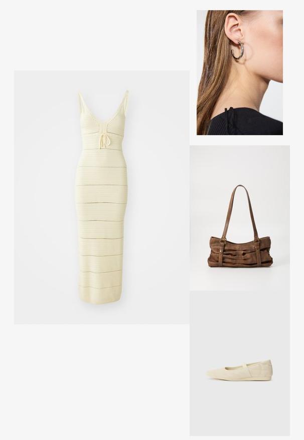 Gebreide midi-jurk in lichtroom met een getailleerd ontwerp, V-hals, verstelbare strik in de taille en horizontale strepen.; Beige ballerina's met een gladde leren buitenkant, amandelvormige punt en elastische band over de wreef, met subtiele stiksels.; Even&Odd Handtas - brown; Zilveren oorbel met een gepolijste afwerking, met kleine gouden accentdetails en een ronde vorm, gedragen op de oorlel.