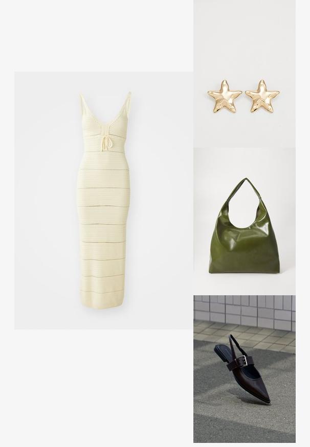 Gebreide midi-jurk in lichtroom met een getailleerd ontwerp, V-hals, verstelbare strik in de taille en horizontale strepen.; Donkerbruine platte slingback schoen met puntige neus, brede band en grote zilveren gesp, op asfalt bij een betegelde muur.; Groene leren hobotas met een slordig ontwerp, gebogen handvat en een gladde textuur. Bevat geen zichtbare hardware of accenten.; Gouden stervormige oorbellen met een gladde, glanzende afwerking en een driedimensionaal ontwerp, met vijf punten en een licht gebogen textuur.