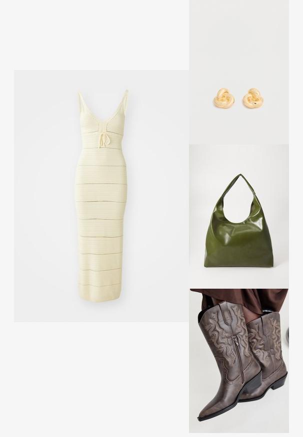 Gebreide midi-jurk in lichtroom met een getailleerd ontwerp, V-hals, verstelbare strik in de taille en horizontale strepen.; Bruine leren cowboylaarzen met een spitse neus, zijrits en een textuur van een slang in beige, met decoratieve studs langs de randen.; Groene leren hobotas met een slordig ontwerp, gebogen handvat en een gladde textuur. Bevat geen zichtbare hardware of accenten.; Een paar glanzende oorstekers in goudkleur, gevormd als knopen, tegen een effen witte achtergrond.