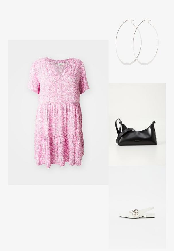 Roze bloemenjurk met korte mouwen, V-hals en gelaagd ontwerp. Gemaakt van lichtgewicht stof, met kleine witte en groene bloemenpatronen.; Witte leren slingback schoen met een spitse neus, zilveren gesp-accenten en een lage blokhak. Gladde textuur met minimale details.; Zwarte leren handtas met een gladde textuur. Beschikt over een verstelbare schouderband en een strak, minimalistisch ontwerp met een ritssluiting.; Zilveren oorringen met een dun, glad ontwerp; langwerpige ovale vorm; gepolijste afwerking; voorzien van een veilige haaksluiting.