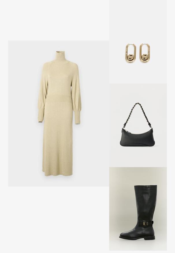 Strickkleid in sanftem Beige mit hohem Kragen, langen Puffärmeln und gerippten Akzenten an der Taille und den Ärmeln. Mittellanges Design.; Hoher schwarzer Lederstiefel mit niedrigem Absatz und seitlichem Riemen mit kleiner goldener Schnalle, dargestellt vor neutralem Hintergrund.; Schwarze Lederschultertasche mit gewölbter rechteckiger Form, goldener Kette, die in den geflochtenen schwarzen Riemen eingewebt ist, und Reißverschlussverschluss oben.; BOSS DOUBLE B SWING - Ohrringe - gold-coloured