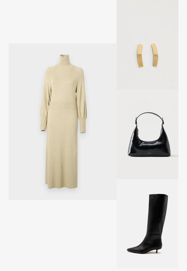 Strickkleid in sanftem Beige mit hohem Kragen, langen Puffärmeln und gerippten Akzenten an der Taille und den Ärmeln. Mittellanges Design.; Schwarzer kniehoher Lederstiefel mit spitz zulaufender Schuhspitze und niedrigem Kittenabsatz vor einem schlichten hellen Hintergrund.; Schwarze, glänzende Calvin Klein Handtasche mit goldfarbenem Reißverschluss und kurzem Trageriemen vor schlichtem weißem Hintergrund.; Ohrringe aus goldfarbenem Metall mit einem geschwungenen, elongated Design. Die Oberfläche ist glatt und poliert und zeigt einen minimalistischen Stil.