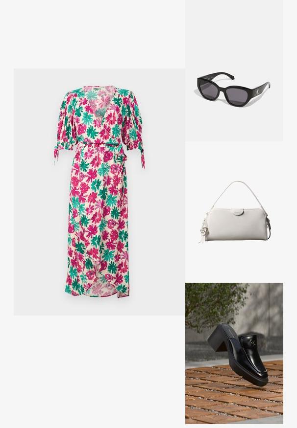 Lille lille õlavarrega lilleteemaline maxi kleit, millel on roosa, roheline ja kreemivärvi muster. Sisaldab seotud vöökohta ja V-kaelust.; Mustast nahast Calvin Kleini slip-on mules, millel on plokk-konts, toetub puitplaatidele õues, lähedal rohelisele taimele ja hallile seinale.; Mustad mustrayad, millel on sujuv, nurkne disain, tumedad läätsed ja kontrasteeriv hõbedane logo külgedel. Siledast plastikust tekstuur.; Valge ristkülikukujuline Calvin Kleini käekott ühe käepidemega, minimalistliku disainiga ja dekoratiivsete tutikestega, mille küljes on geomeetrilise metallist ripats.
