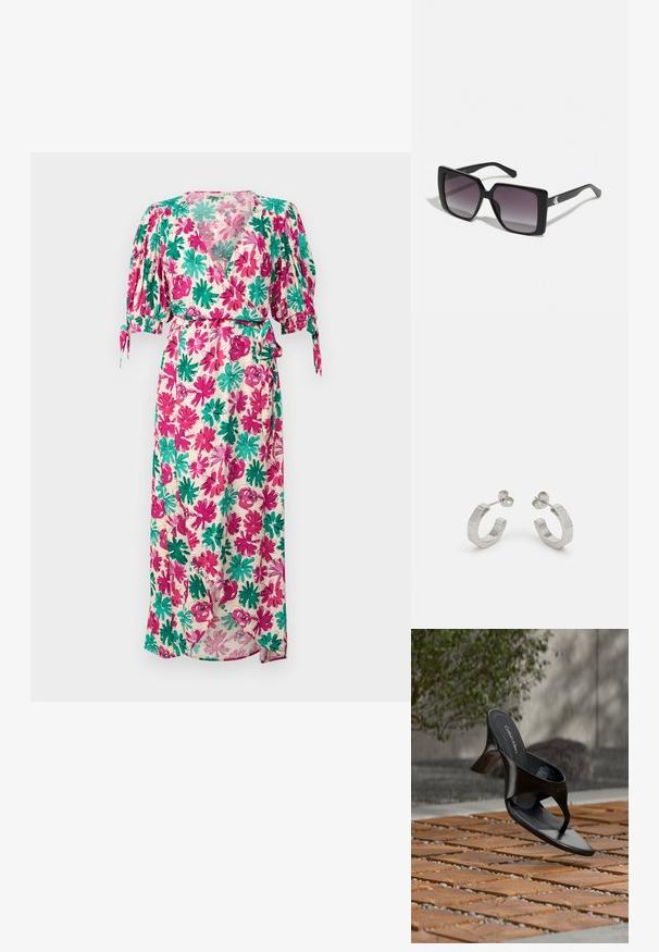 Blomstret maxikjole med korte pufærmer, der har et mønster i pink, grøn og creme. Inkluderer en bindebælte i taljen og en V-halsudskæring.; Sort Calvin Klein hæl-sandal med åben tå, der svæver over en udendørs flisebelagt overflade med grønne planter og en betonvæg i baggrunden.; Sorte firkantede solbriller med gradient grå linser. Blank ramme med rene linjer. Sølvlogo-aksecent på stængerne.; Sølv metal hoop øreringe med et tekstureret design, der har en lille post bagpå og branding på en af øreringene. Rund form med en poleret overflade.