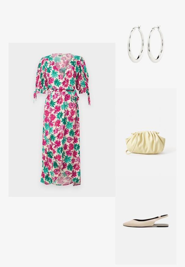 Blomstret maxikjole med korte pufærmer, der har et mønster i pink, grøn og creme. Inkluderer en bindebælte i taljen og en V-halsudskæring.; Beige læder slingback flade sko med spidse tæer, minimalisk design, glat tekstur og en lav sort sål.; Gul plisseret håndtaske lavet af glat kunstlæder, med en blød form, en enkelt skulderrem og samlet topdesign.; Sølvøreringe i form af hoops med en glat, blank finish. Cirkulær form, der har en sikker lås. Simpelt og elegant design.