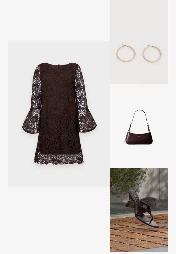 Vestido marrón de encaje con mangas acampanadas largas, con patrones florales y un escote redondo. Cierre de cremallera en la parte posterior, estilo a la altura de la rodilla.; Sandalia de tiras con tacón marrón de Calvin Klein suspendida sobre suelo exterior de loseta de madera y grava, con fondo desenfocado de vegetación y piedras.; Bolso de mano de cuero burdeos oscuro con una delgada correa negra para el hombro y pequeño logo dorado "cK" en el centro delantero.; Par de pendientes de aro de tamaño mediano con tono dorado y cierre de bisagra sobre un fondo claro y liso.