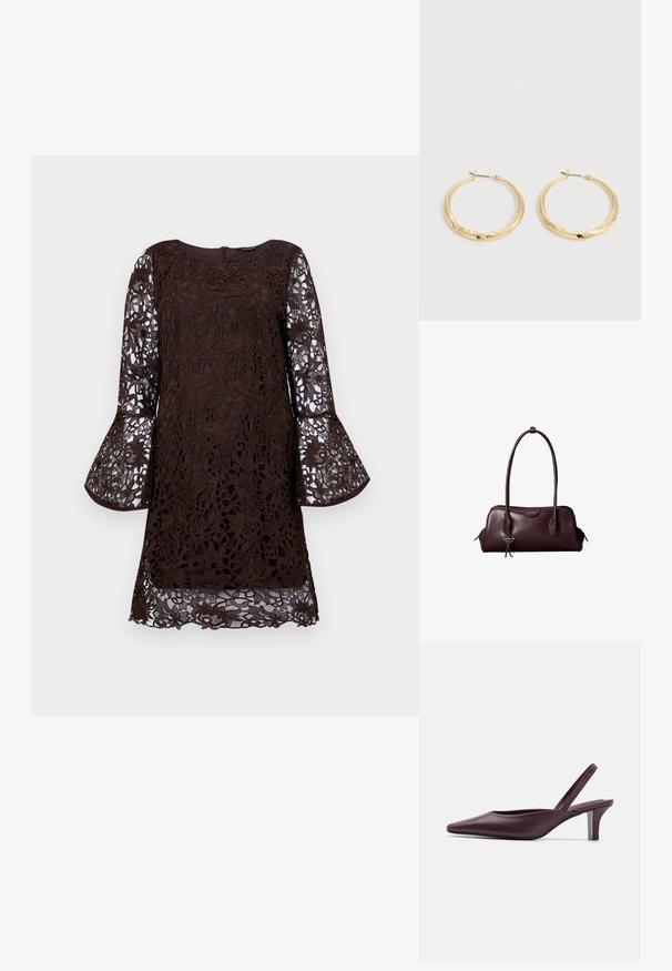 Καφέ δαντελέν dresses με μακριές μανίκες καμπάνα, εσωτερικά λουλούδια και στρογγυλή λαιμόκοψη. Κλείσιμο με φερμουάρ στο πίσω μέρος, μήκος μέχρι το γόνατο.; Γυναικεία slingback τακούνια σε βουργουνδί χρώμα με μυτερή μύτη, κομψό δερμάτινο φινίρισμα και διαφανές τετράγωνο τακούνι. Μινιμαλιστικός σχεδιασμός και απαλή υφή.; Σκούρα καφέ δερμάτινη τσάντα Calvin Klein με μακριές διπλές λαβές και ένα μικρό κρεμαστό λογότυπο κρεμασμένο από μία λαβή.; Ζευγάρι γυαλιστερά χρυσά σκουλαρίκια κρίκοι με λεπτά καρφιά και μεντεσέδες, εμφανίζονται σε απλό ανοιχτό γκρι φόντο.