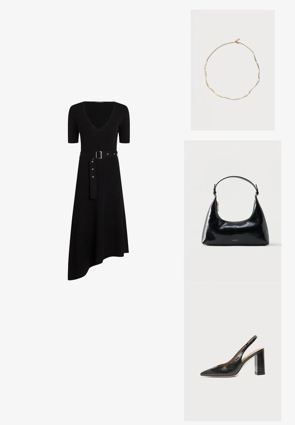 Zwarte geribde jurk met een V-hals, korte mouwen en een tailleband. De rok heeft een asymmetrische zoom en zilveren hardwareaccenten.; Zwarte leren slingback schoen met spits toelopend neusje, hoge blokhak en beige binnenvoering tegen een effen lichte achtergrond.; Zwarte glanzende Calvin Klein handtas met gouden rits en korte band tegen een effen witte achtergrond.; Delicate gouden halsketting met langwerpige ovale kralen verbonden door kleine ringetjes en een karabijnsluiting op een effen lichte achtergrond.