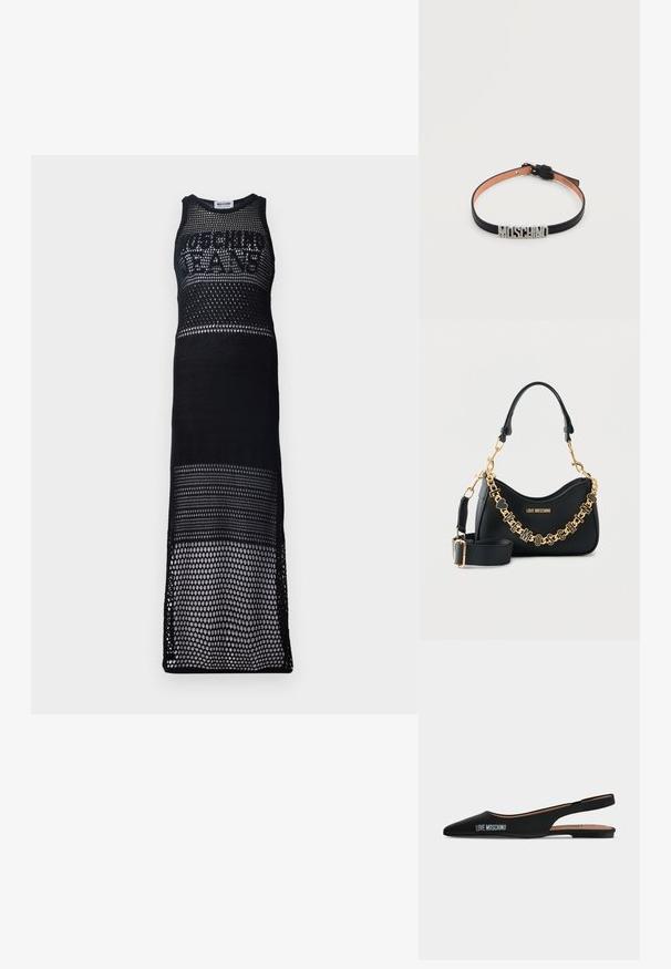 Sort mesh maxi kjole med ærmeløs design. Funktioner inkluderer et stort logo på brystet, som viser et åbent vævemønster og en lige silhuet.; Sort spids slingback flad sko med lav hæl og "LOVE MOSCHINO"-logo på siden mod en enkel lys baggrund.; Black Love Moschino håndtaske med guldfarvet kæde, der staver mærkenavnet, aftagelig skulderrem og buet topgreb på hvid baggrund.; Sort læder choker-halskæde med justerbar spænde og sølvfarvede rhinstenbogstaver, der staver "MOSCHINO" foran.