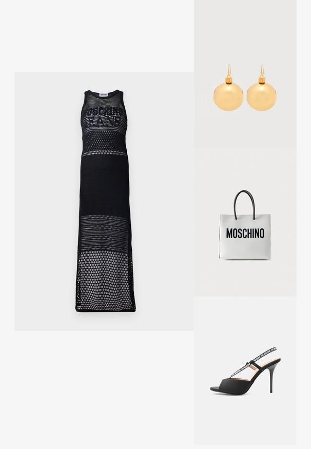 Sort mesh maxi kjole med ærmeløs design. Funktioner inkluderer et stort logo på brystet, som viser et åbent vævemønster og en lige silhuet.; Sort højhælet åben tå sandal med tynde stropper mærket "LOVE MOSCHINO" over foden og omkring anklen.; Hvid rektangulær tote taske med sorte håndtag og stort sort "MOSCHINO" logo på fronten, mod en ensfarvet lys baggrund.; Par af skinnende gyldne julekugleøreringe med krog-lukninger på en ensfarvet hvid baggrund.