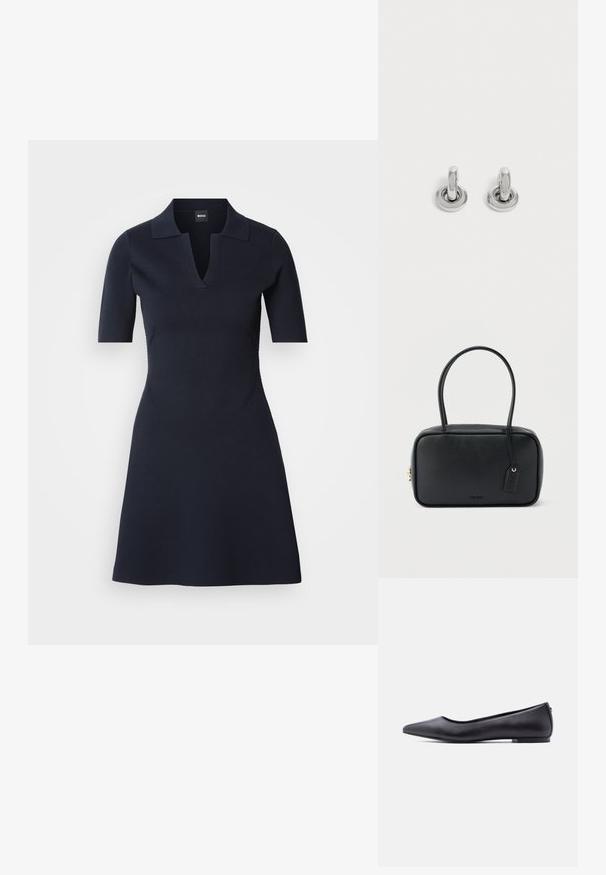Navyblaues Polo-Kleid mit kurzen Ärmeln und V-Ausschnitt, tailliertem Oberteil und ausgestelltem Rock. Hergestellt aus strukturiertem Material mit dezenten Seitennähten.; Schwarzer flacher Lederschuh mit spitzer Kappe und niedrigem Absatz, seitlich vor weißem Hintergrund gezeigt.; Schwarze rechteckige Handtasche mit doppelten, abgerundeten Griffen, goldfarbenem Reißverschluss und geprägtem „HUGO“-Logo auf der Vorderseite sowie angebrachtem Lederanhänger.; Paar kleine, glänzende silberne Creolen mit rundem Sockel, auf einfachem hellem Hintergrund präsentiert.
