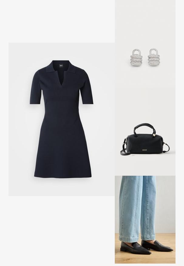 Navyblaues Polo-Kleid mit kurzen Ärmeln und V-Ausschnitt, tailliertem Oberteil und ausgestelltem Rock. Hergestellt aus strukturiertem Material mit dezenten Seitennähten.; Schwarze Lederschuhe mit spitzem Zehenbereich und Schlupfdesign, kombiniert mit hellblauen weit geschnittenen Jeans, auf einem Holzboden.; Schwarze Hugo-Handtasche mit geflochtenen oberen Griffen, goldfarbenen Beschlägen und abnehmbarem Schulterriemen auf schlichtem hellem Hintergrund.; Silberne Ohrringe in Form von Vorhängeschlössern, verziert mit mehreren klaren Strasssteinen, die eine glatte, glänzende Textur aufweisen und eine einfache Schlaufe zur Befestigung haben.