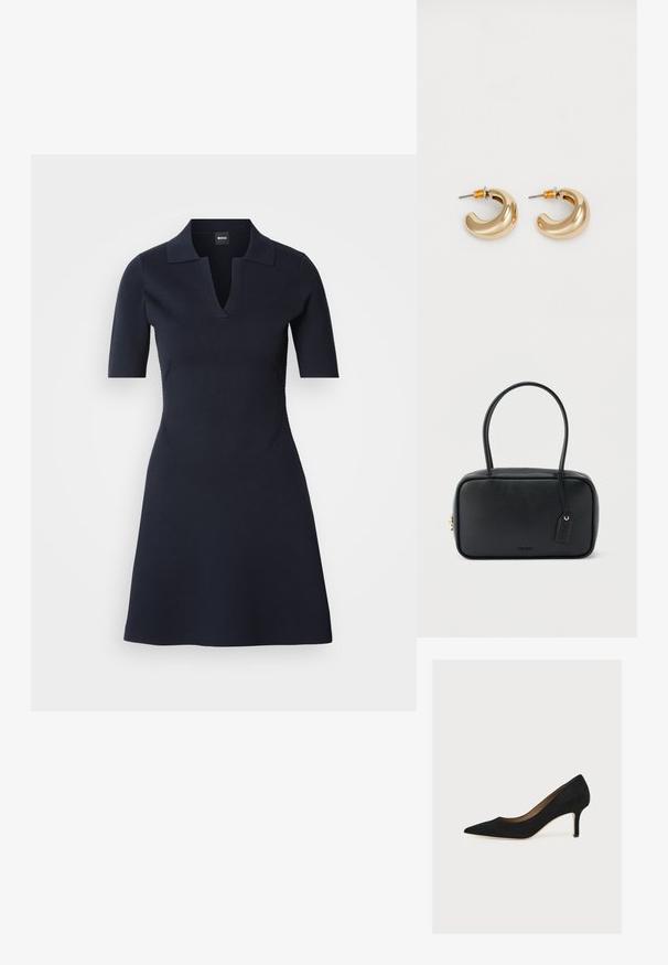 Navyblaues Polo-Kleid mit kurzen Ärmeln und V-Ausschnitt, tailliertem Oberteil und ausgestelltem Rock. Hergestellt aus strukturiertem Material mit dezenten Seitennähten.; Schwarzer Wildleder-Pumps mit spitzer Zehenpartie, mittelhohem Stilettoabsatz und hellbrauner Innensohle auf hellem Hintergrund.; Schwarze rechteckige Handtasche mit doppelten, abgerundeten Griffen, goldfarbenem Reißverschluss und geprägtem „HUGO“-Logo auf der Vorderseite sowie angebrachtem Lederanhänger.; Zwei glänzende goldene Creolen in einem geschwungenen Design mit orangefarbenen Akzenten nahe dem Stecker, vor einem schlichten weißen Hintergrund.