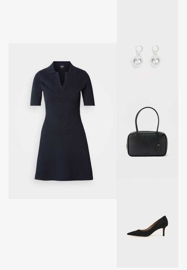 Navyblaues Polo-Kleid mit kurzen Ärmeln und V-Ausschnitt, tailliertem Oberteil und ausgestelltem Rock. Hergestellt aus strukturiertem Material mit dezenten Seitennähten.; Schwarzer Wildleder-Pumps mit spitzer Schuhspitze, schlankem mittelhohem Stiletto-Absatz und tiefem Ausschnitt auf einfachem Hintergrund.; Schwarze rechteckige Handtasche mit doppelten, abgerundeten Griffen, goldfarbenem Reißverschluss und geprägtem „HUGO“-Logo auf der Vorderseite sowie angebrachtem Lederanhänger.; Silberne Tropfenohrringe mit glatten, runden, reflektierenden Oberflächen, die an Hakenverschlüssen hängen. Der Hintergrund ist reinweiß.