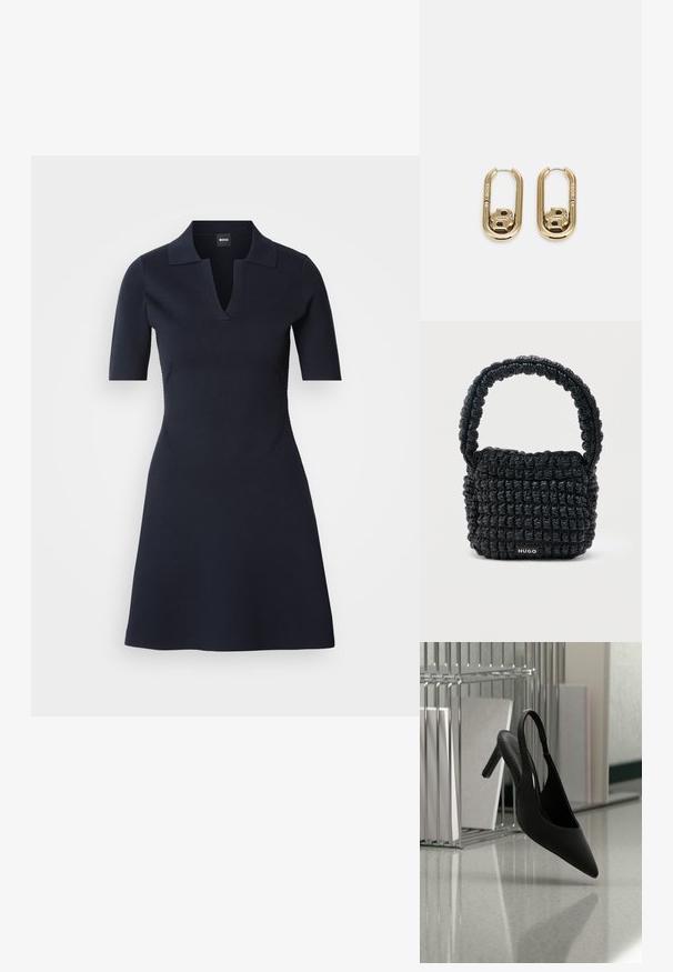 Navyblaues Polo-Kleid mit kurzen Ärmeln und V-Ausschnitt, tailliertem Oberteil und ausgestelltem Rock. Hergestellt aus strukturiertem Material mit dezenten Seitennähten.; Schwarzer, spitz zulaufender Slingback-Pumps mit hohem Absatz, schwebt in der Luft über einem glänzenden Boden, im Hintergrund gestapelte Ordner.; Kleine schwarze gesteppte Handtasche mit kurzem, gepolstertem Henkel und "HUGO"-Label auf der Vorderseite, vor einem schlichten hellen Hintergrund präsentiert.; BOSS DOUBLE B SWING - Ohrringe - gold-coloured