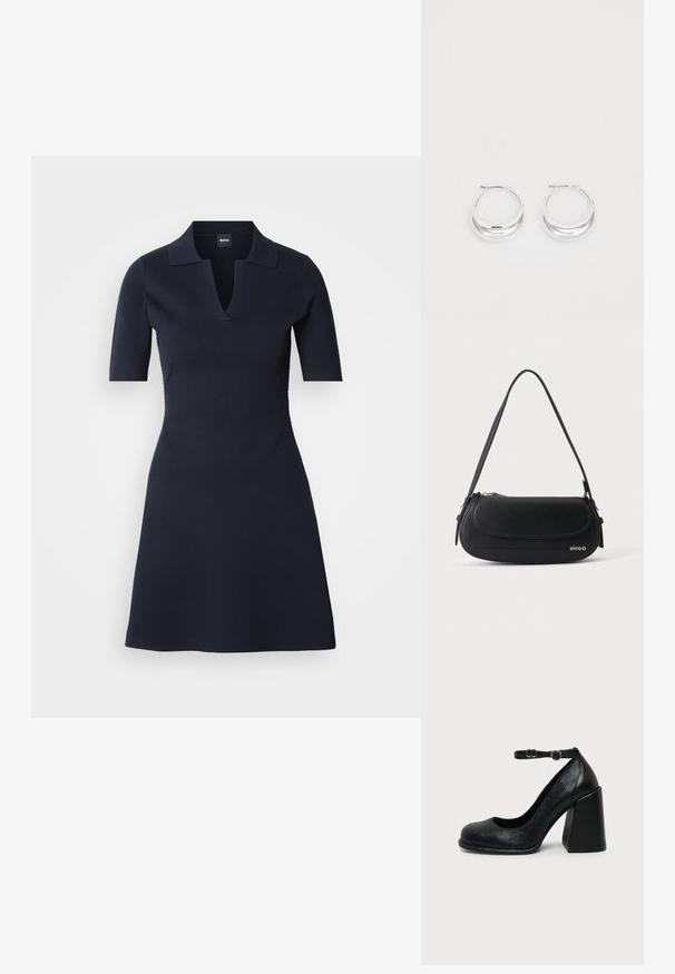 Vestido polo de manga corta en azul marino con escote en V, cuerpo ajustado y falda acampanada. Confeccionado en tela texturizada con costuras laterales sutiles.; Zapato negro de cuero con tacón alto, punta redondeada y correa ajustable en el tobillo con hebilla dorada sobre fondo liso claro.; Bolso de hombro de cuero negro con solapa curva, logo dorado "HUGO" en el frente y una correa ajustable.; Pendientes de aro de plata con un acabado pulido y la marca DKNY, exhibidos sobre un fondo blanco liso.