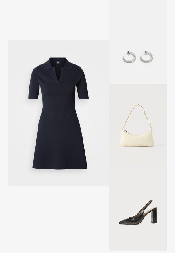 Vestido polo de manga corta en azul marino con escote en V, cuerpo ajustado y falda acampanada. Confeccionado en tela texturizada con costuras laterales sutiles.; Zapato slingback de piel negra con puntera puntiaguda, tacón alto y ancho, y forro interior beige sobre un fondo claro y liso.; Bolso pequeño de color crema con forma curva y asa de cadena trenzada en tono dorado, cierre con cremallera en la parte superior; Pendientes de aro plateados con una superficie lisa y una fila de pequeñas piedras transparentes a lo largo del borde inferior, con cierre de perno.