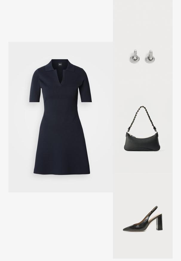 Navyblaues Polo-Kleid mit kurzen Ärmeln und V-Ausschnitt, tailliertem Oberteil und ausgestelltem Rock. Hergestellt aus strukturiertem Material mit dezenten Seitennähten.; Schwarzer Leder-Slingback-Schuh mit spitzer Kappe, hohem Blockabsatz und beigegefüttertem Innenraum vor hellem, einfarbigem Hintergrund.; Schwarze Lederschultertasche mit gewölbter rechteckiger Form, goldener Kette, die in den geflochtenen schwarzen Riemen eingewebt ist, und Reißverschlussverschluss oben.; Paar kleine, glänzende silberne Creolen mit rundem Sockel, auf einfachem hellem Hintergrund präsentiert.