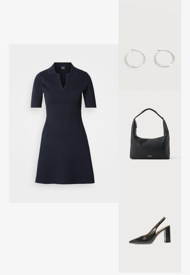 Navyblaues Polo-Kleid mit kurzen Ärmeln und V-Ausschnitt, tailliertem Oberteil und ausgestelltem Rock. Hergestellt aus strukturiertem Material mit dezenten Seitennähten.; Schwarzer Leder-Slingback-Schuh mit spitzer Kappe, hohem Blockabsatz und beigegefüttertem Innenraum vor hellem, einfarbigem Hintergrund.; Schwarze Leder-Schultertasche mit geflochtenem Griff, goldfarbenem Reißverschlussdetail und kleinem goldfarbenem "HUGO"-Logo mittig vorne.; Silberne Metallcreolen mit glatter, leicht gebogener Oberfläche und Klappverschluss vor schlicht weißem Hintergrund.