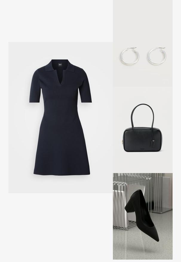 Vestido polo de manga corta en azul marino con escote en V, cuerpo ajustado y falda acampanada. Confeccionado en tela texturizada con costuras laterales sutiles.; Zapato de tacón alto negro con punta afilada y tacón grueso, hecho de cuero texturizado, suspendido sobre un suelo liso.; Bolso rectangular negro con asas dobles redondeadas, cremallera dorada y logo "HUGO" en relieve en el frente con etiqueta de cuero adjunta.; Par de pendientes de aro plateados brillantes de tamaño mediano con cierres metálicos finos sobre un fondo neutro claro.