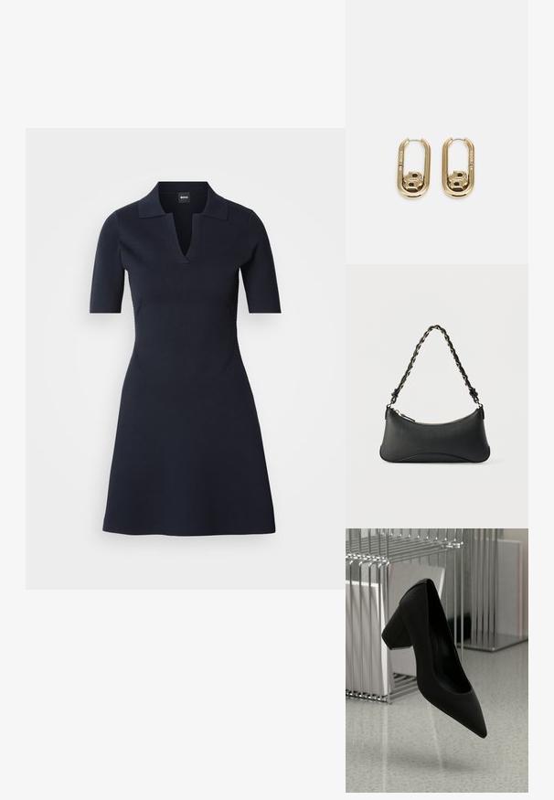Navyblaues Polo-Kleid mit kurzen Ärmeln und V-Ausschnitt, tailliertem Oberteil und ausgestelltem Rock. Hergestellt aus strukturiertem Material mit dezenten Seitennähten.; Schwarzer High-Heel-Schuh mit spitzem Zehenbereich und blockiertem Absatz, aus strukturiertem Leder, über einem glatten Boden schwebend.; Schwarze Lederschultertasche mit gewölbter rechteckiger Form, goldener Kette, die in den geflochtenen schwarzen Riemen eingewebt ist, und Reißverschlussverschluss oben.; BOSS DOUBLE B SWING - Ohrringe - gold-coloured