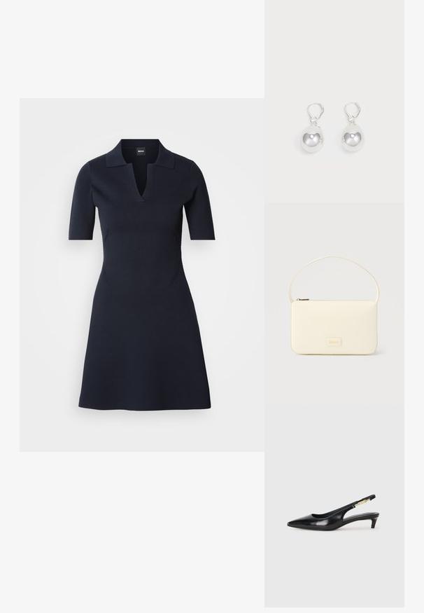 Vestido polo de manga corta en azul marino con escote en V, cuerpo ajustado y falda acampanada. Confeccionado en tela texturizada con costuras laterales sutiles.; Tacones negros de piel sintética tipo slingback con punta afilada, que cuentan con un tacón delgado y un detalle en tono dorado en la correa ajustable. Textura suave.; Bolso rectangular color crema con una sola correa y cremallera superior, con una pequeña placa de logotipo en relieve en el frente.; Pendientes de plata en forma de gota con superficies redondas y reflectantes colgando de cierres de palanca. El fondo es blanco liso.
