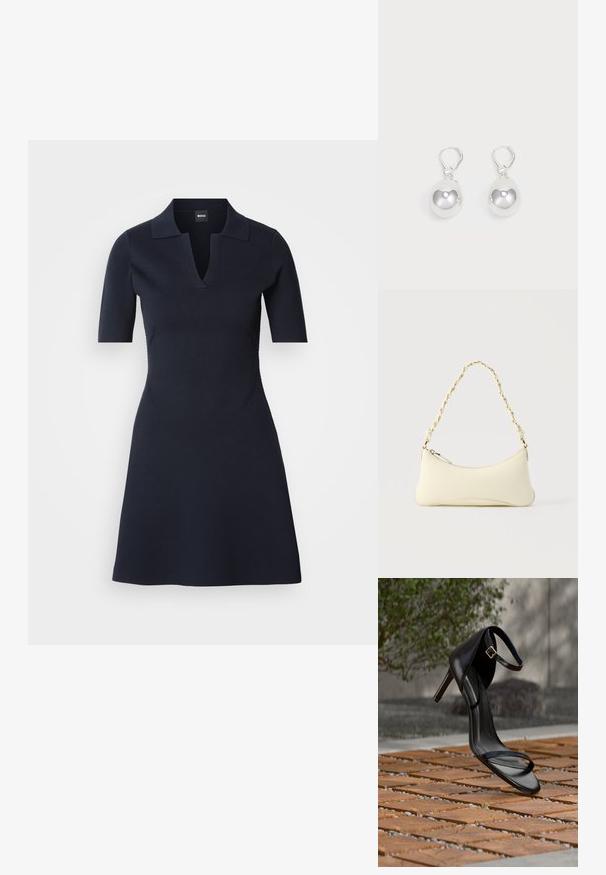 Navyblaues Polo-Kleid mit kurzen Ärmeln und V-Ausschnitt, tailliertem Oberteil und ausgestelltem Rock. Hergestellt aus strukturiertem Material mit dezenten Seitennähten.; Schwarze Sandalette mit hohem Absatz und Knöchelriemen schwebt über einem Holzboden im Freien vor verschwommenem Grün und Steinhintergrund.; Kleine handtasche in Cremefarben mit geschwungener Form und geflochtenem, goldfarbenem Kettenhenkel, Reißverschluss oben; Silberne Tropfenohrringe mit glatten, runden, reflektierenden Oberflächen, die an Hakenverschlüssen hängen. Der Hintergrund ist reinweiß.
