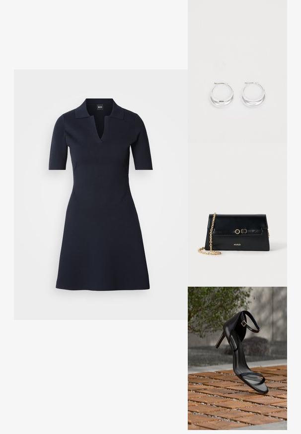 Vestido polo de manga corta en azul marino con escote en V, cuerpo ajustado y falda acampanada. Confeccionado en tela texturizada con costuras laterales sutiles.; Sandalia negra de tacón alto con correa en el tobillo, parece suspendida sobre un suelo de baldosas de madera al aire libre, con un fondo difuminado de vegetación y piedra.; Bolso de mano de cuero negro con una correa de cadena dorada, forma rectangular, detalles en relieve en la solapa y logo dorado en la parte frontal.; Pendientes de aro de plata con un acabado pulido y la marca DKNY, exhibidos sobre un fondo blanco liso.