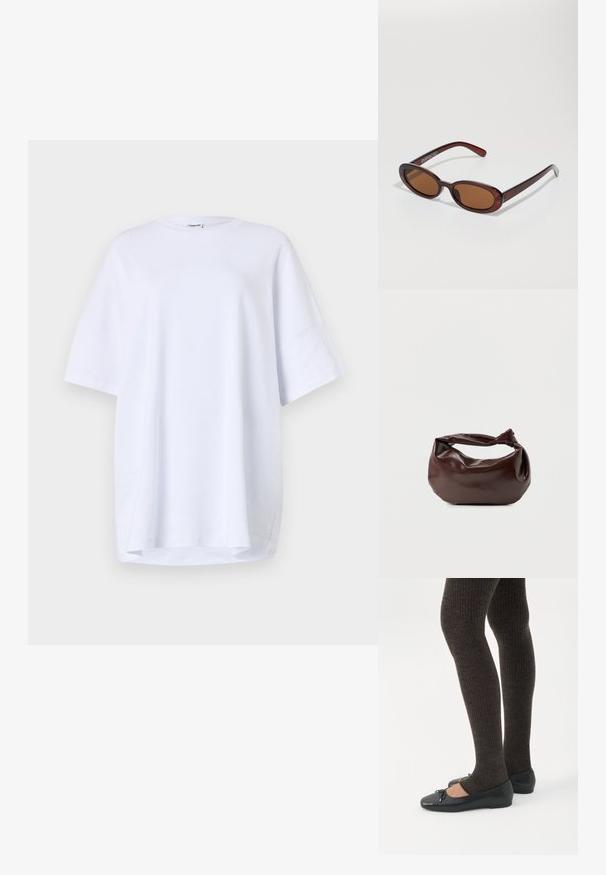 Camiseta blanca de algodón de manga corta y corte oversize. Cuello redondo, aberturas laterales en el dobladillo y textura suave sin patrones o acentos visibles.; Piernas con leggings oscuros acanalados combinados con bailarinas negras que presentan pequeños detalles de lazo sobre un fondo blanco.; Gafas de sol redondas con tinte marrón y un marco burdeos brillante. Patillas delgadas con un sutil detalle de marca. Diseño de lentes planos.; Bolso de hombro de cuero marrón oscuro con una forma suave y caída, y un asa con nudo torcido sobre un fondo blanco liso.